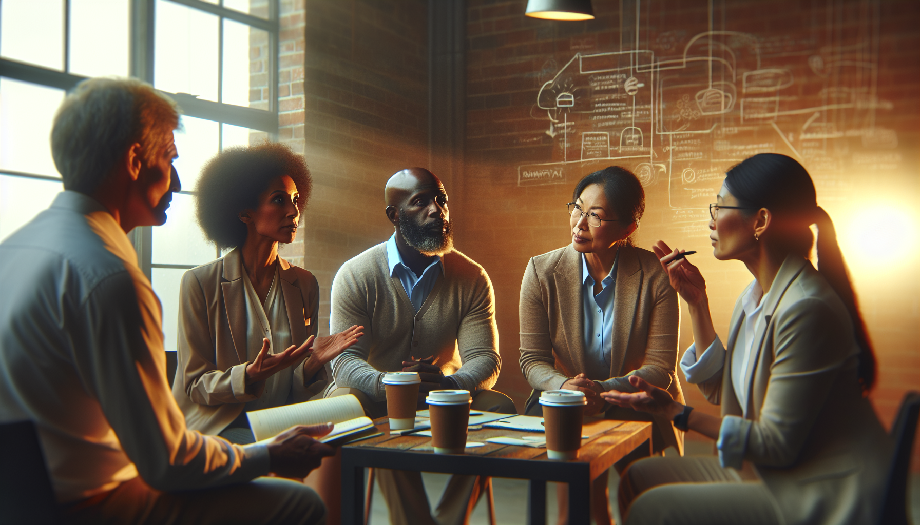 A group of sober entrepreneurs discussing business strategies