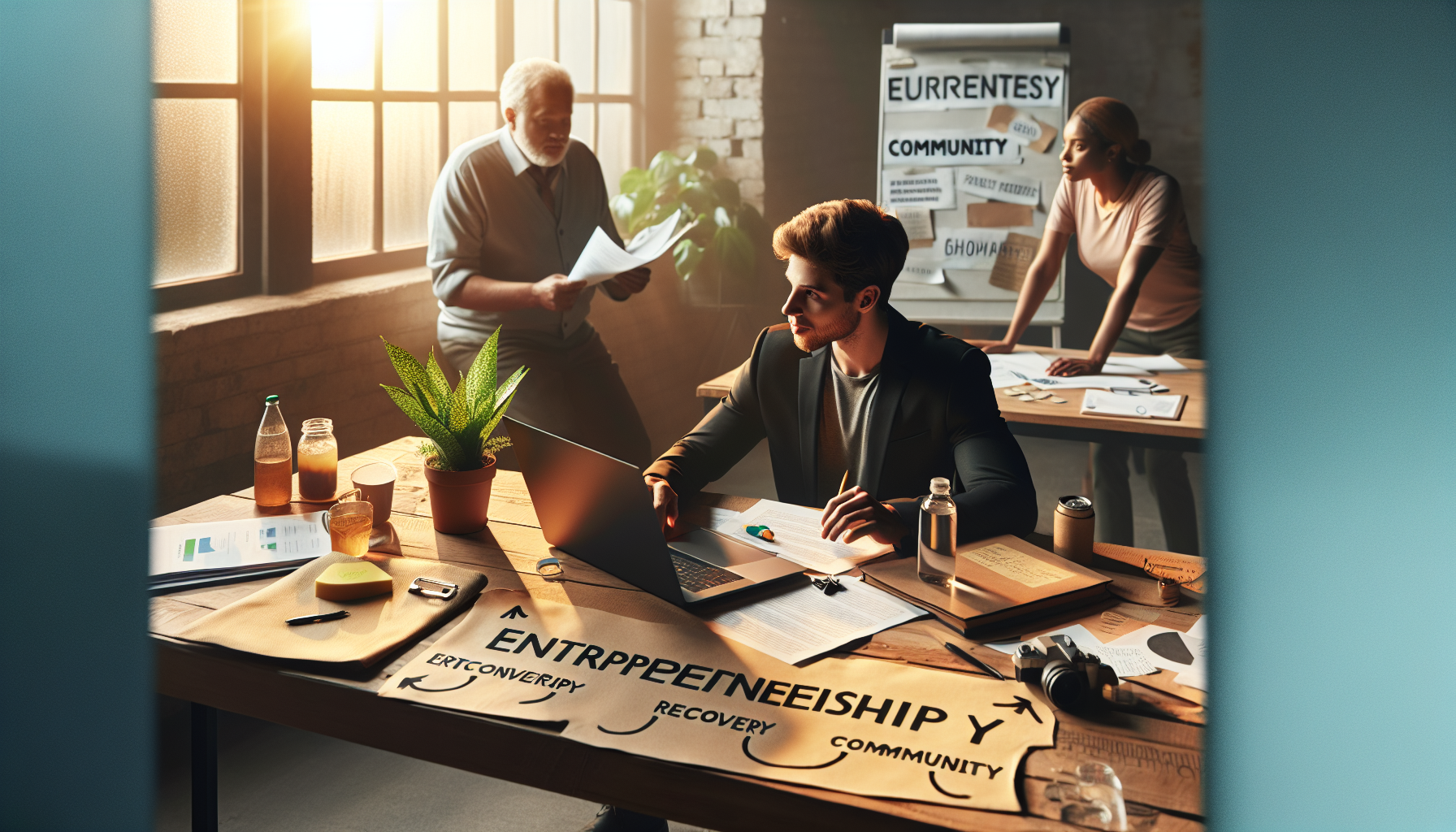 Founder alone in a dark office after hours with laptop open and city lights outside