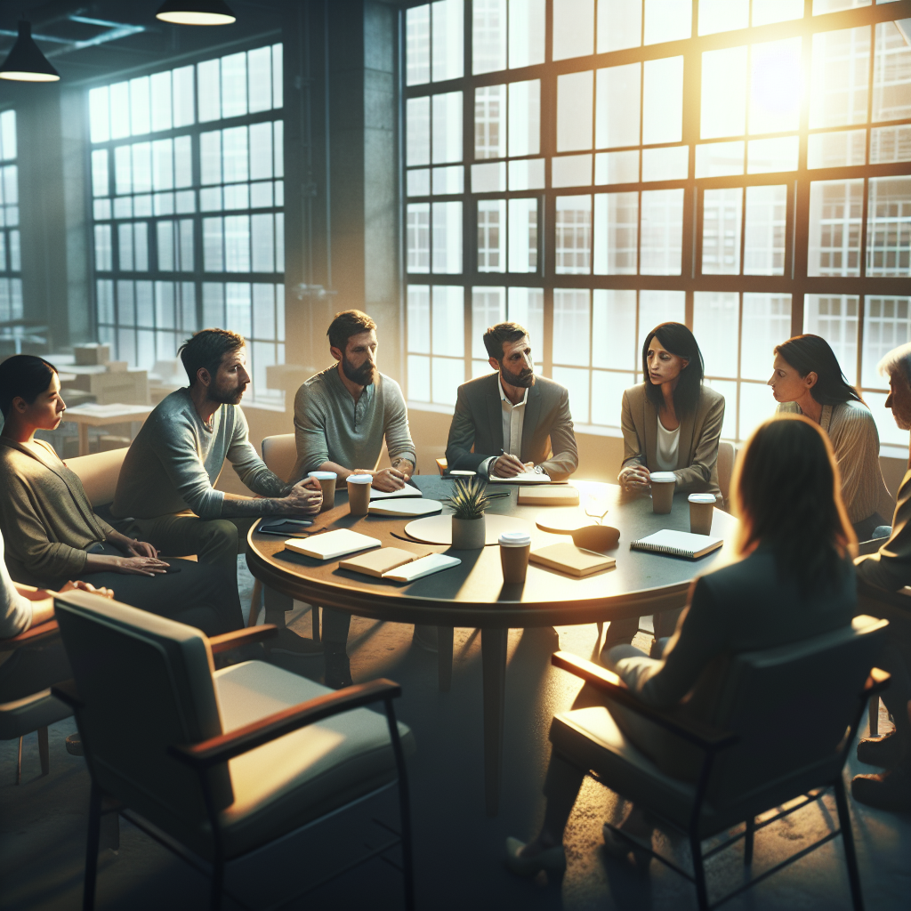 Sober entrepreneurs in a recovery-aligned business meeting, applying 12-step principles to company operations