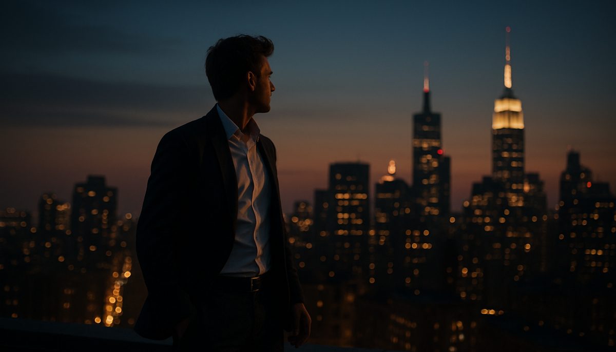 A sober founder at a desk reviewing business numbers before joining a mastermind group.
