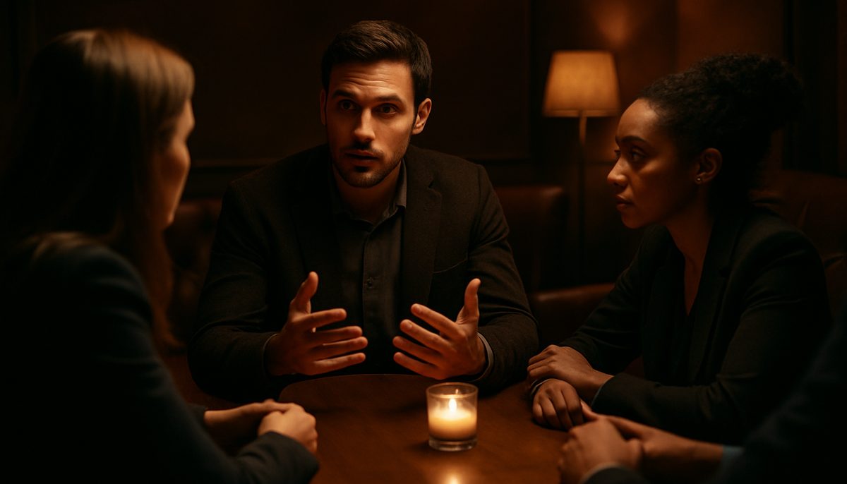 A group of professionals networking in a sober environment.