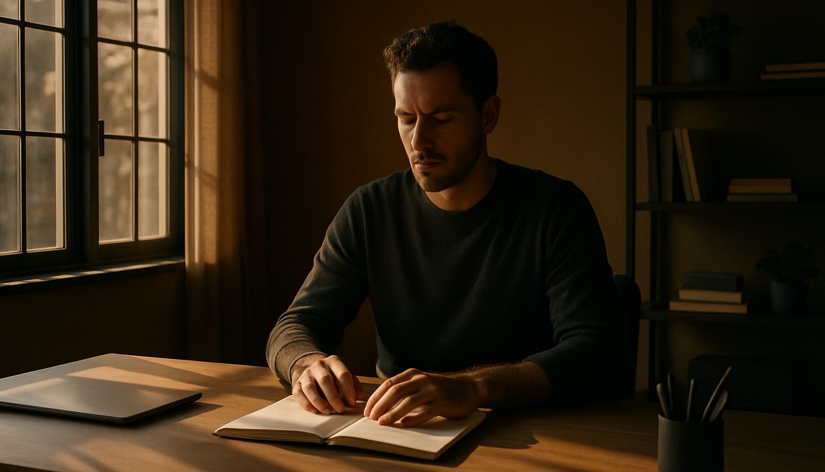 Sober founder reviewing advisory board notes at a quiet desk