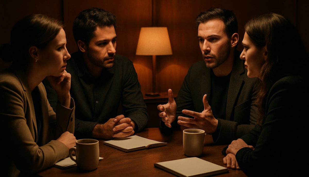 A group of sober founders discussing business strategies in a supportive environment.