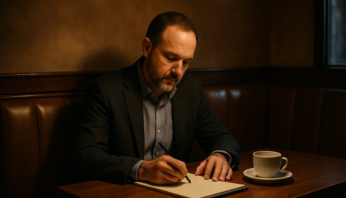 A sober founder reviewing coaching costs and notes at a kitchen table