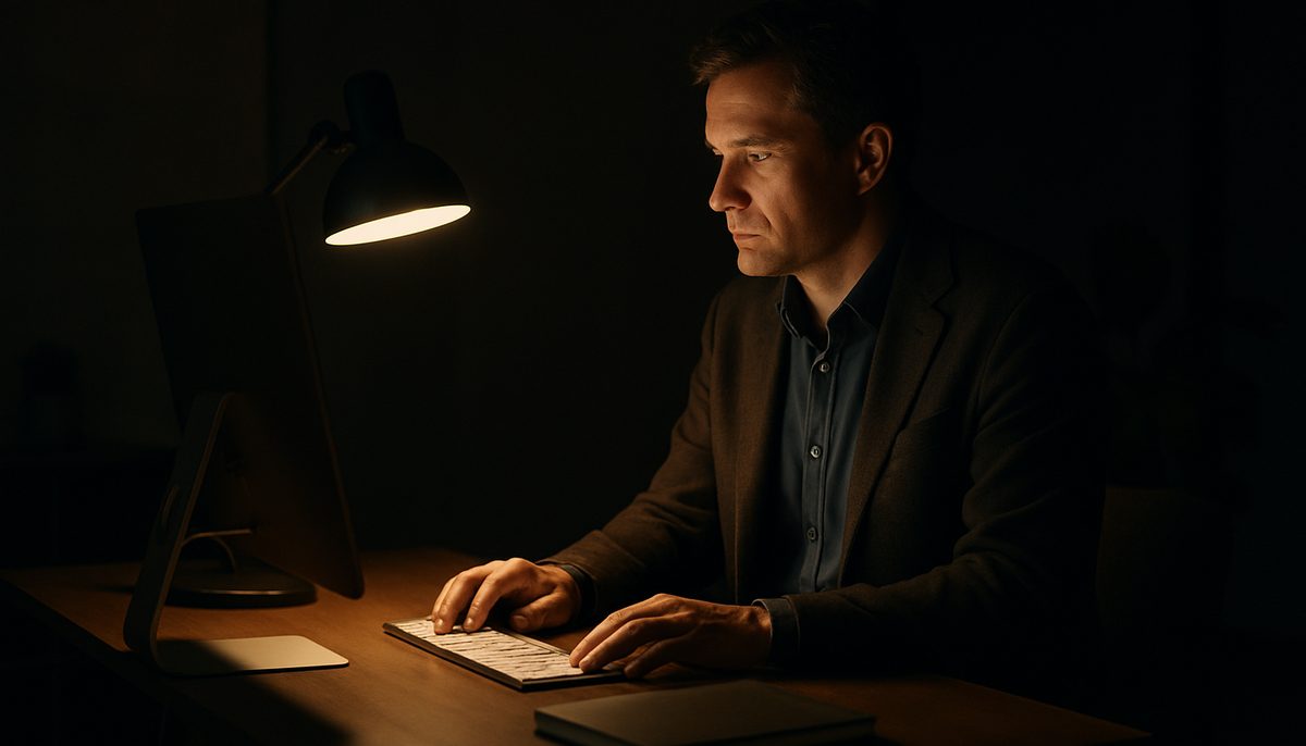 A sober founder at a desk contemplating business purpose and exit strategy.