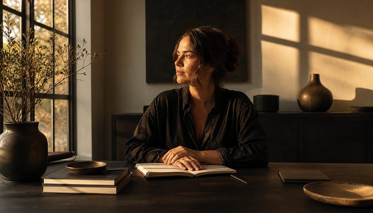 A sober founder at a desk with a notebook and coffee, focusing on business growth
